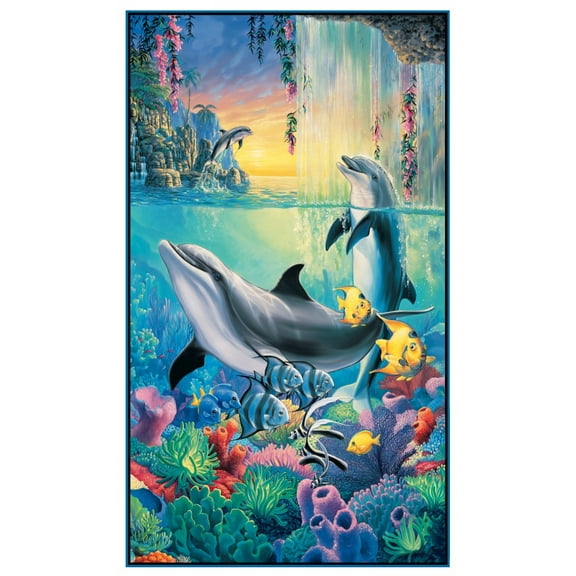 24" X 44" Panel Dolphin Falls Fish Coral Reefs Cotton Fabric Panel D488.69