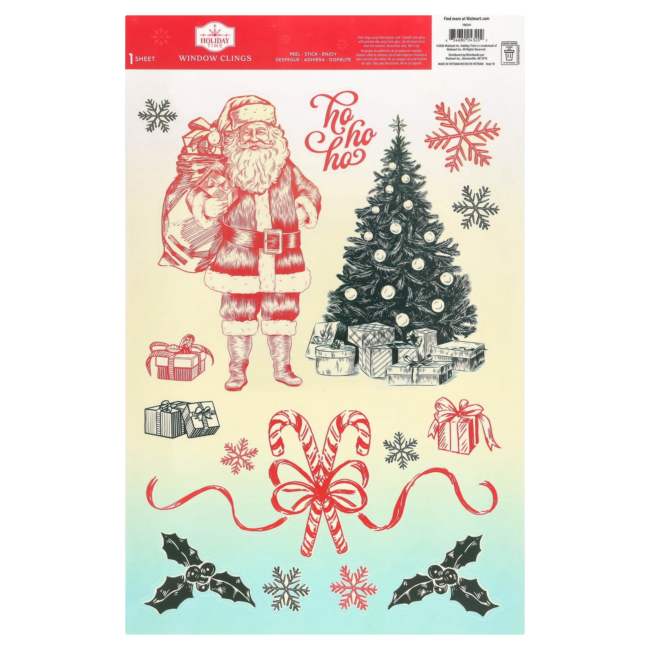 Vintage Santa Christmas Window Clings, Multicolor, 10.8" x 16.8", by Holiday Time