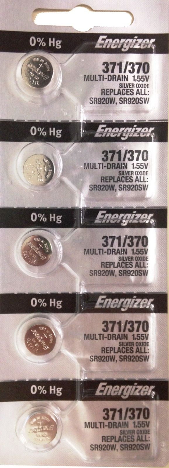 371 SR920SW  0% Hg Mercury  1.5V Silver Oxide Battery 5-Pack Swiss Renata #370 