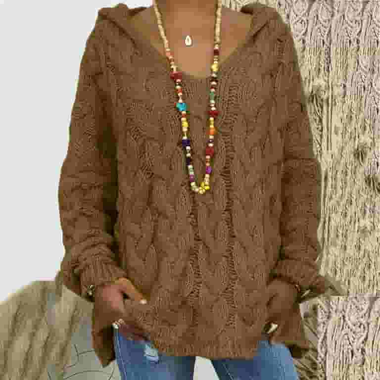 【U LAN】Stripe cable hood warmer knitwear Cable Knitted Sweaters for Women with Hood Loose V Neck