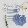 thumbnail image 2 of HCNTES Toddler Baby Boy Summer Outfits Soft Brown and White Striped Waffle Knit T-Shirt and Shorts 2-Piece Set Toddler Boy Summer Clothes, 2 of 4
