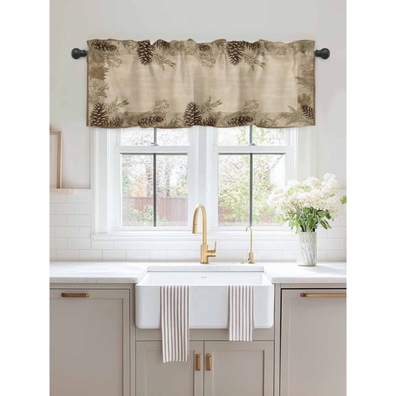 Window Valance Rustic Pine Cones Leaves on Beige Kitchen Curtains Short Rod Pocket Valances Farmhouse Plants Window Treatment Drapes for Living Room Bedroom Bathroom Decor,54x18in