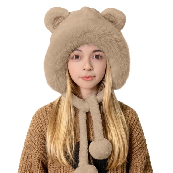 CPNG Girls Furry Faux Fur Beanie Hat Winter Fleece Hat Cute Animals Cartoon Bear Ears Winter Plush Balaclava Hats Teen Kids Outdoor Windproof Warm Hat with Strap