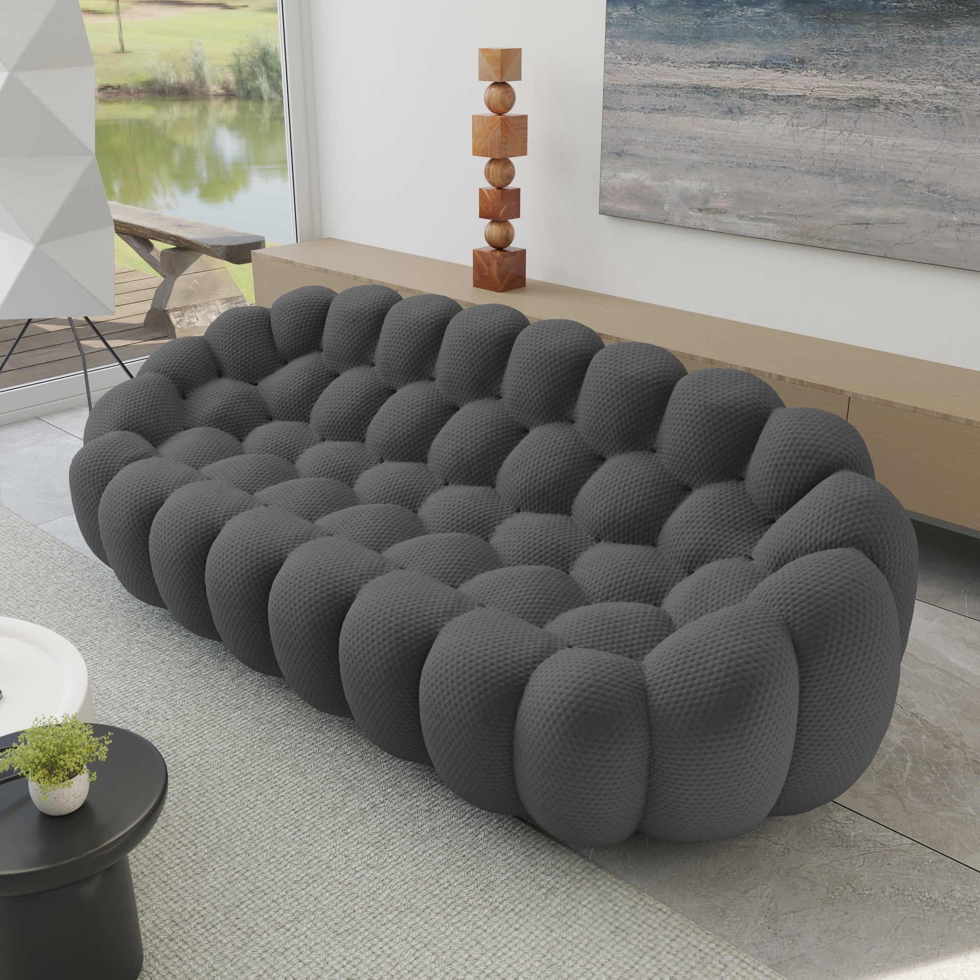 bokifol 98.43"Curved Sofa,3 Seater Modern Upholstered Mesh Fabric Lazy Floor Sofa,3D Honeycomb Shape for Modern Living Room,Office and Apartment(Grey)