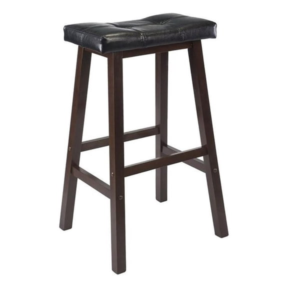 Pemberly Row 29.69" Solid Wood/Faux Leather Stool in Antique Walnut/Black