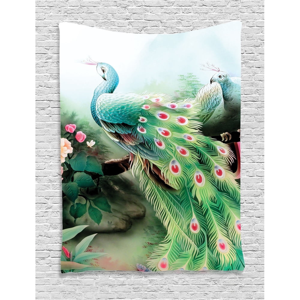 Peacock Decor Wall Hanging Tapestry, Peacock In Summer Flower Garden