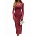 thumbnail image 2 of Womens V Neck Casual Knitted Long Sleeve Maxi Dress Slim Fit Ribbed Out Fall Winter Fashion Clothes Wine Red L, 2 of 9
