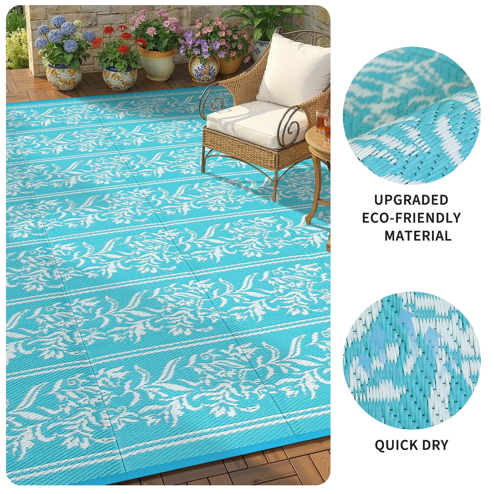 Nanan Outdoor Rug 8'x10' Waterproof Reversible Outdoor Patio Rug Plastic Straw Floral Mat for Camping Balcony Backyard RV Picnic, Light Blue White