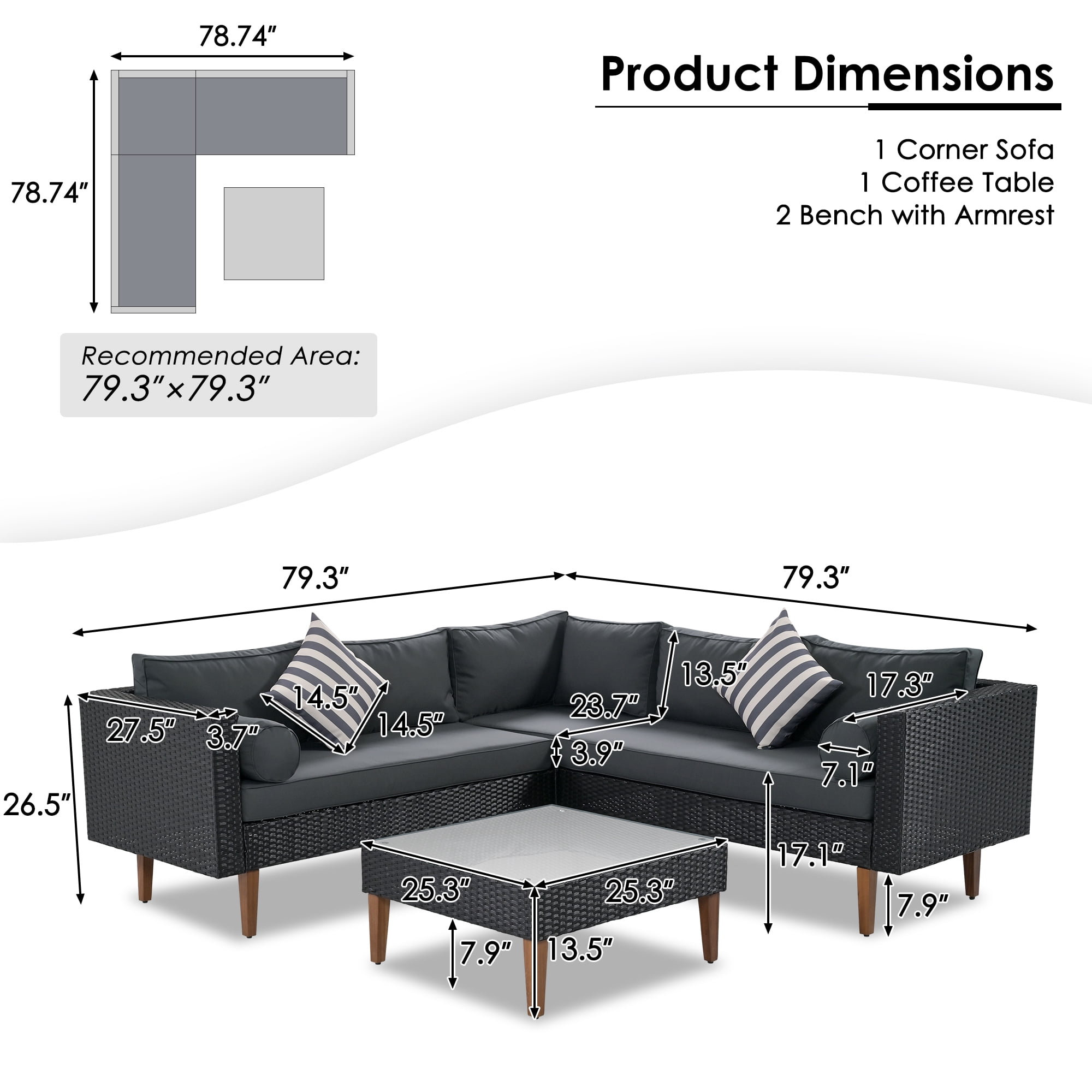 Harper & Bright Designs Outdoor Wicker Sofa Set with Coffee Table, 4 Pieces Patio Rattan Modular Conversation Set with Wood Leg, All Weather PE Wicker L Shaped Couch for Garden Backyard, Black+ Gray