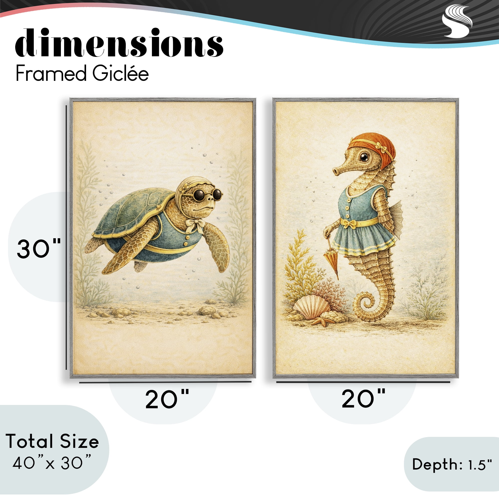 Stupell Industries Vintage Maritime Bathing Animals 2 Piece Gray Framed Giclee Art Set, design by Grotto Studios