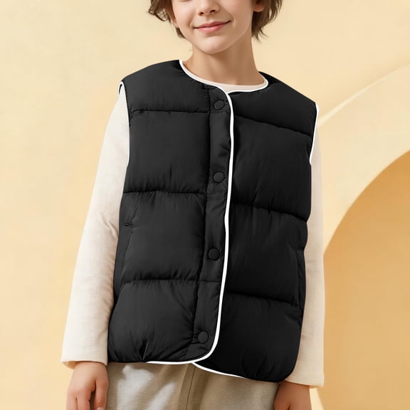 SELONE Down Vest Kids Button up Sleeveless Jacket Ruched Hem Windproof Crew Neck Vest Top with Pockets Fall Winter Tops