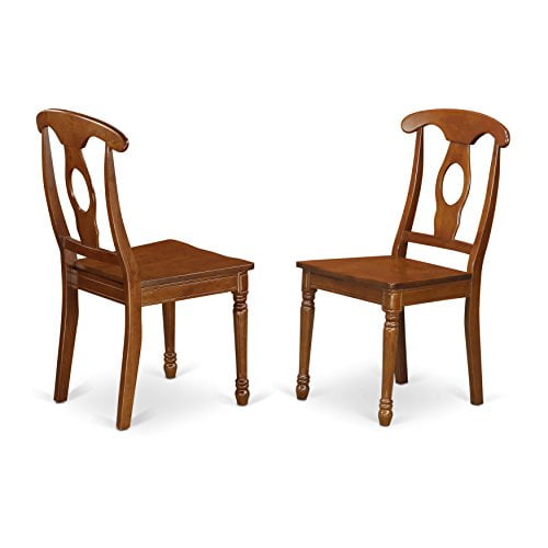 East West Furniture Napoleon-Styled dining chairs - Wooden Seat and Saddle Brown Hardwood Structure modern dining chair set of 2