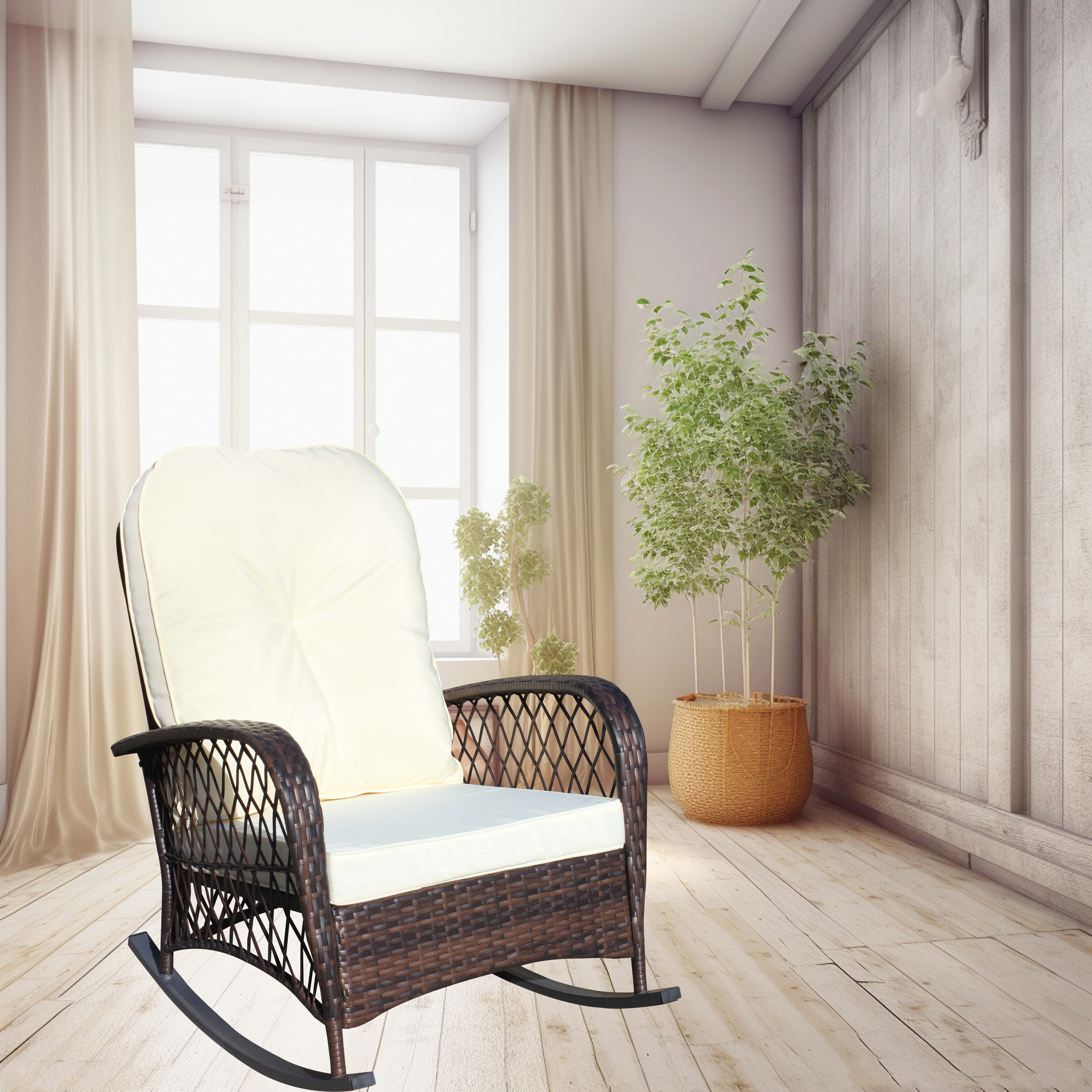 Wicker Outdoor Rocking Chair, Wide Seat Thick Cushion Steel Frame Rattan Rocker for Patio Garden Backyard Relax Area, Beige