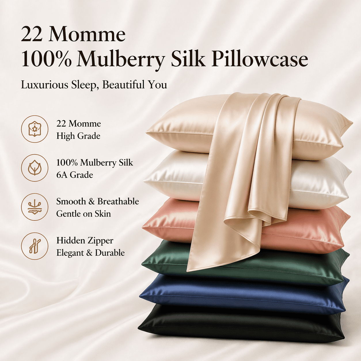 Beige Silk Pillow Cases Queen, 100% Mulberry Silk Pillowcase for Hair and Skin Made in USA, 22 Momme Silk Pillow Cover with Zipper, Anti Acne, Soft, 1 Pack 20"x30"