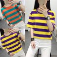 thumbnail image 2 of Tfken Summer Women Tshirts Stripe Half Sleeve Crew Neck Tops Trendy Daily Wear Female Comfortable Shirts Purple, 2 of 3