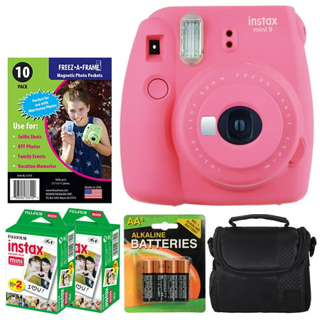Fujifilm instax mini 9 Instant Film Camera (Flamingo Pink) + Freez-A-Frame Magnetic Photo Pockets + Fujifilm Instax Film (40 Shots) + Small Case + 4 AA Batteries – Complete Accessory