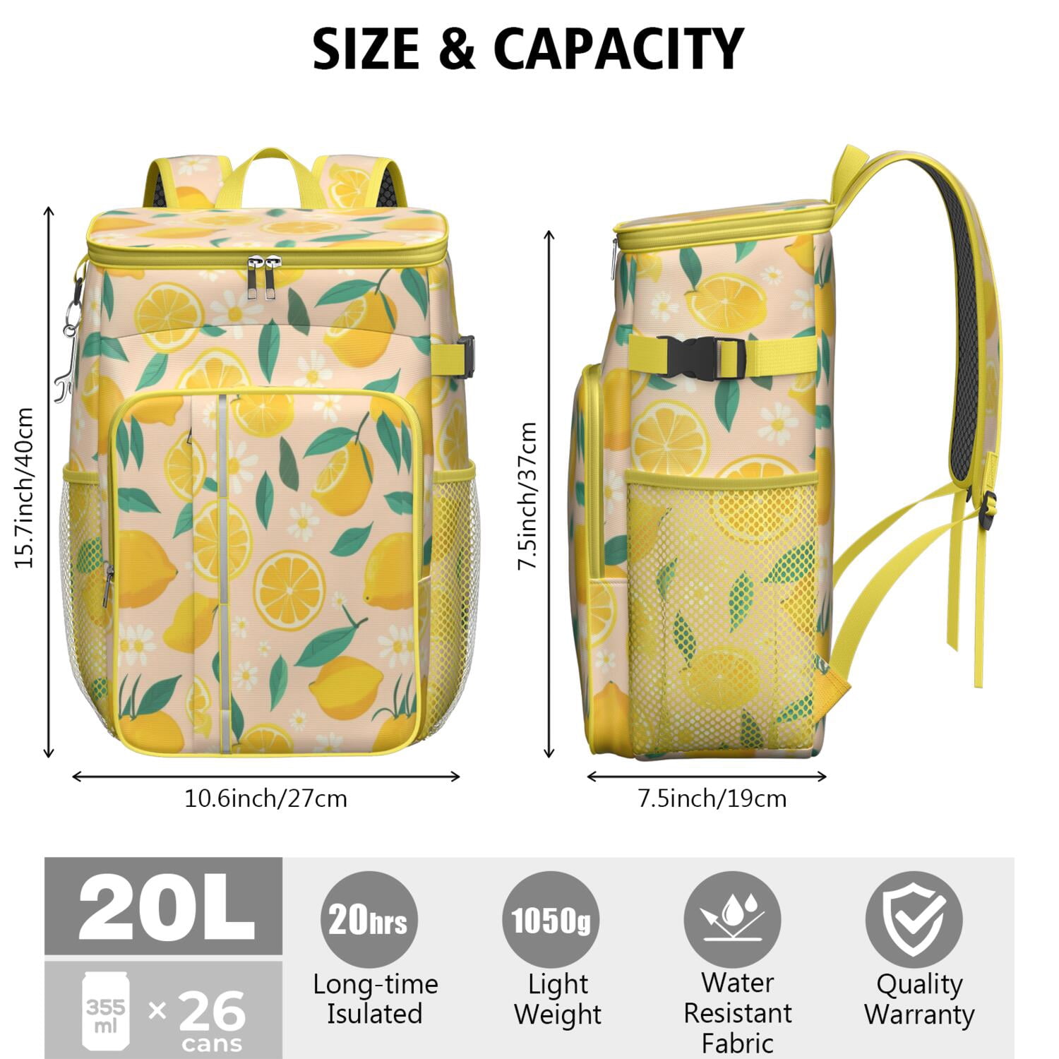 Travel Cooler Bag - Lemon Camping Beer Cooler Backpack with Bottle Opener- Waterproof Insulated Picnic Backpacks - Cooler Bag for Beach