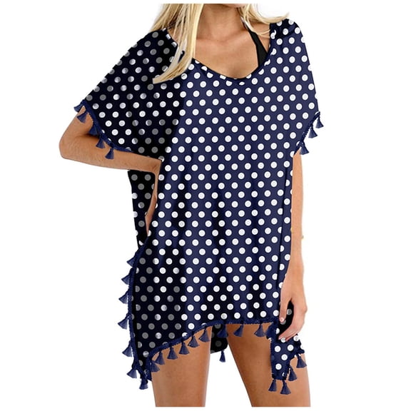 Knitted Skirt Cover Ups for Swimwear Women Women's V Neck Polka Swimsuit Cover Up with Tassel Oversized Loose Beach Dress Side Split Blue M