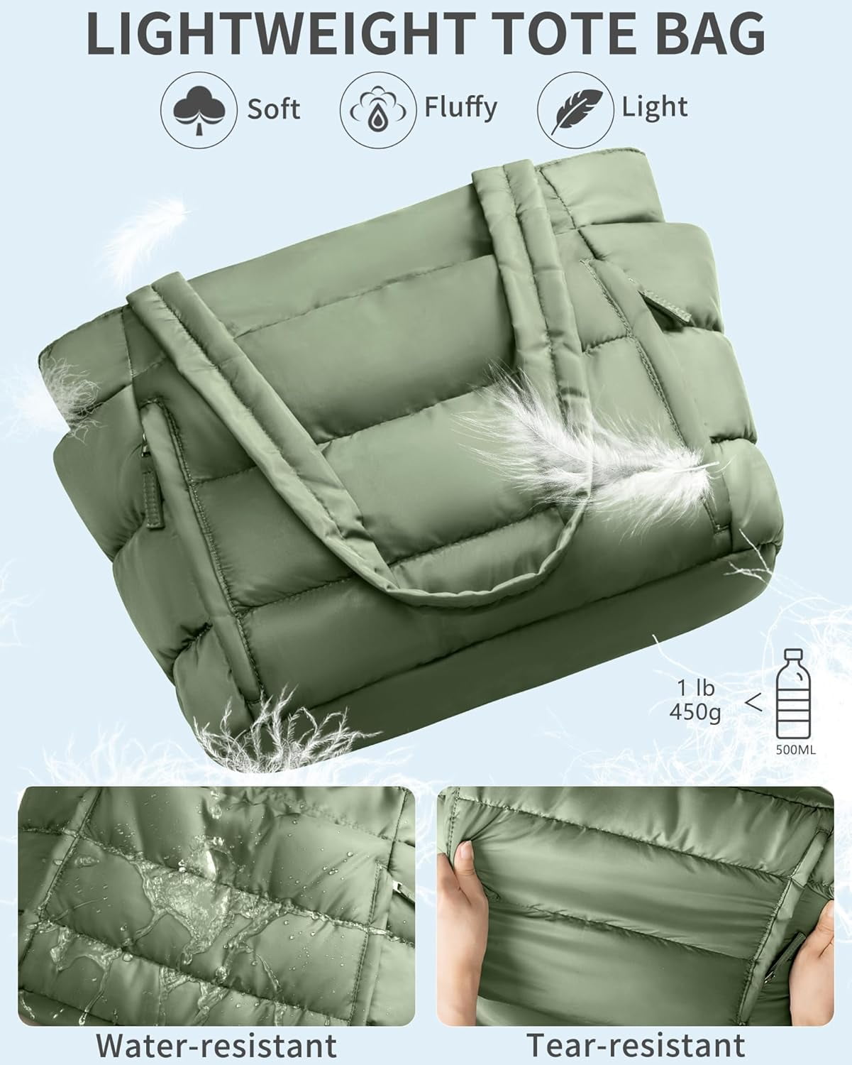 ZUTOYBOLIN Puffer Tote Bag for Women, Lightweight Puffy Work Handbag Teacher Nurse Quilted Shoulder , Daily College Bags, 15.6" Computer Bag, Clinical Nursing Bag, Ideal Gift for Women.Green