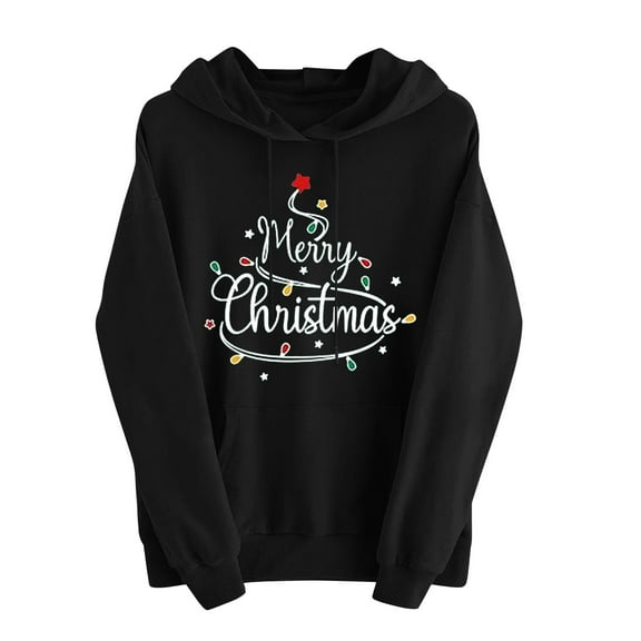 Atogsazn Christmas Sweatshirts for Women Casual Letter Print Long Sleeve Pullover Sweatshirt Fall Loose Fit Hoodie 03-Black L Fashion