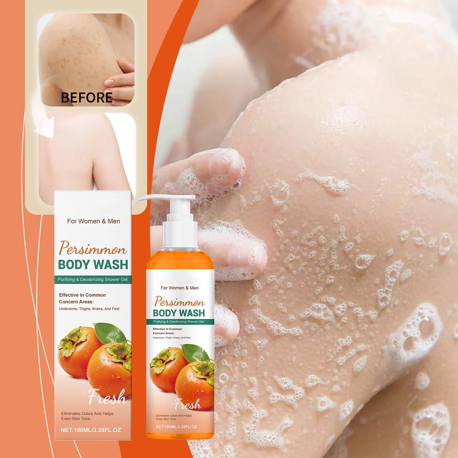 Persimmon Body Wash for Old People Smell, Natural Persimmon Soap Bar Old People Smell Remover, Nonenal Eliminator Purifying & Deodorizing with Natural Persimmon & Green Tea Extracts, 3.38 Fl Oz