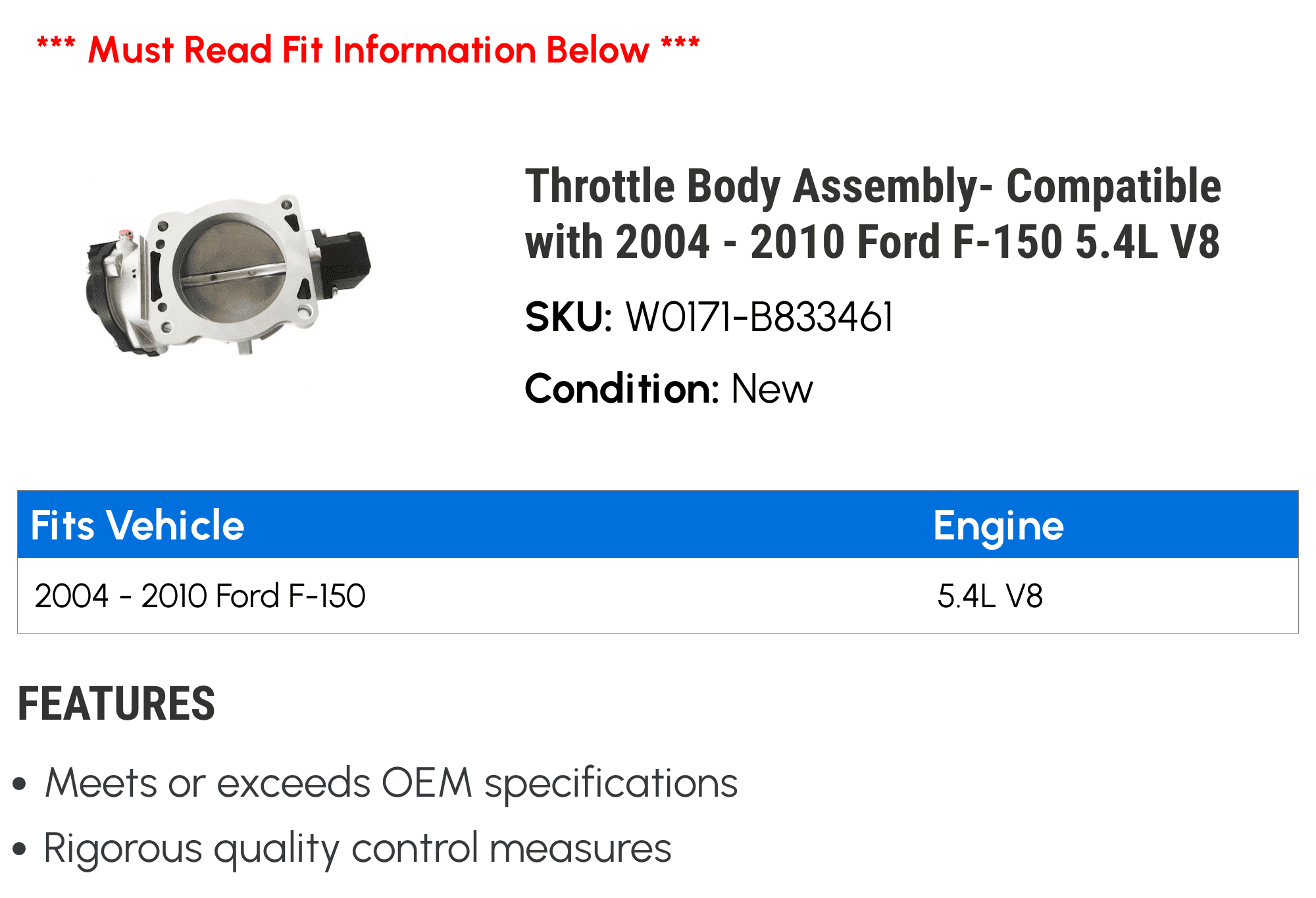 Throttle Body Assembly- Compatible with 2004 - 2010 Ford F-150 5.4L V8 2005 2006 2007 2008 2009