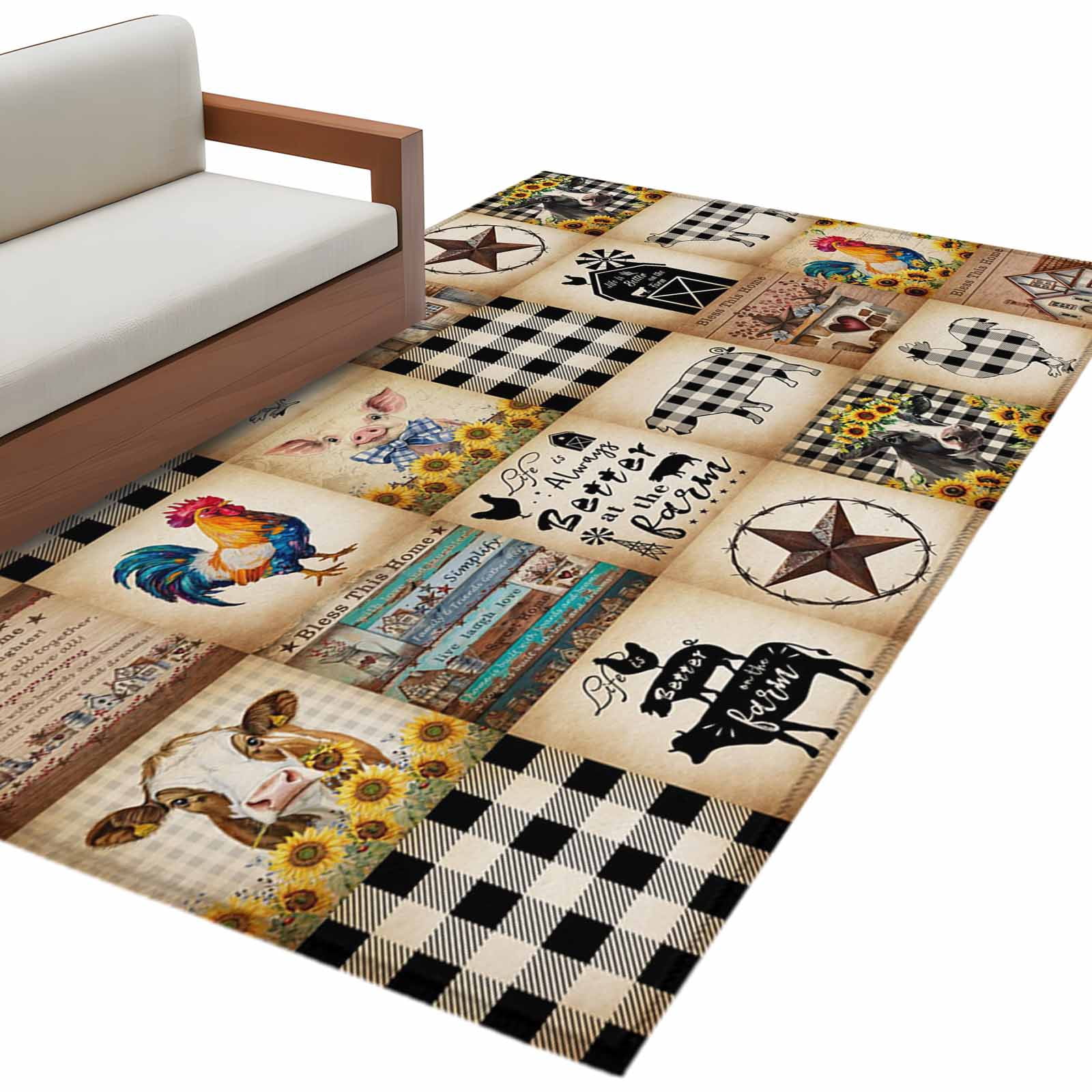 3'x5' Area Rugs, Animals Farmhouse Indoor Outdoor Area Rug for Living Room Bedroom, Vintage Farm Country Star Brown Plaid Washable Bathroom Rugs Kitchen Floor Carpet Mats Home Decor Aesthetic