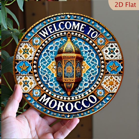 Round Aluminum Wall Art, "Welcome to Morocco" Moroccan Lantern Decor, 1pc, 8" Wall Art Metal Signs, Wall Decor For Kitchen, Door, Office, Cafe, Bedroom, Room, Home, Gift Ideal, Door Decor, 2D Flat