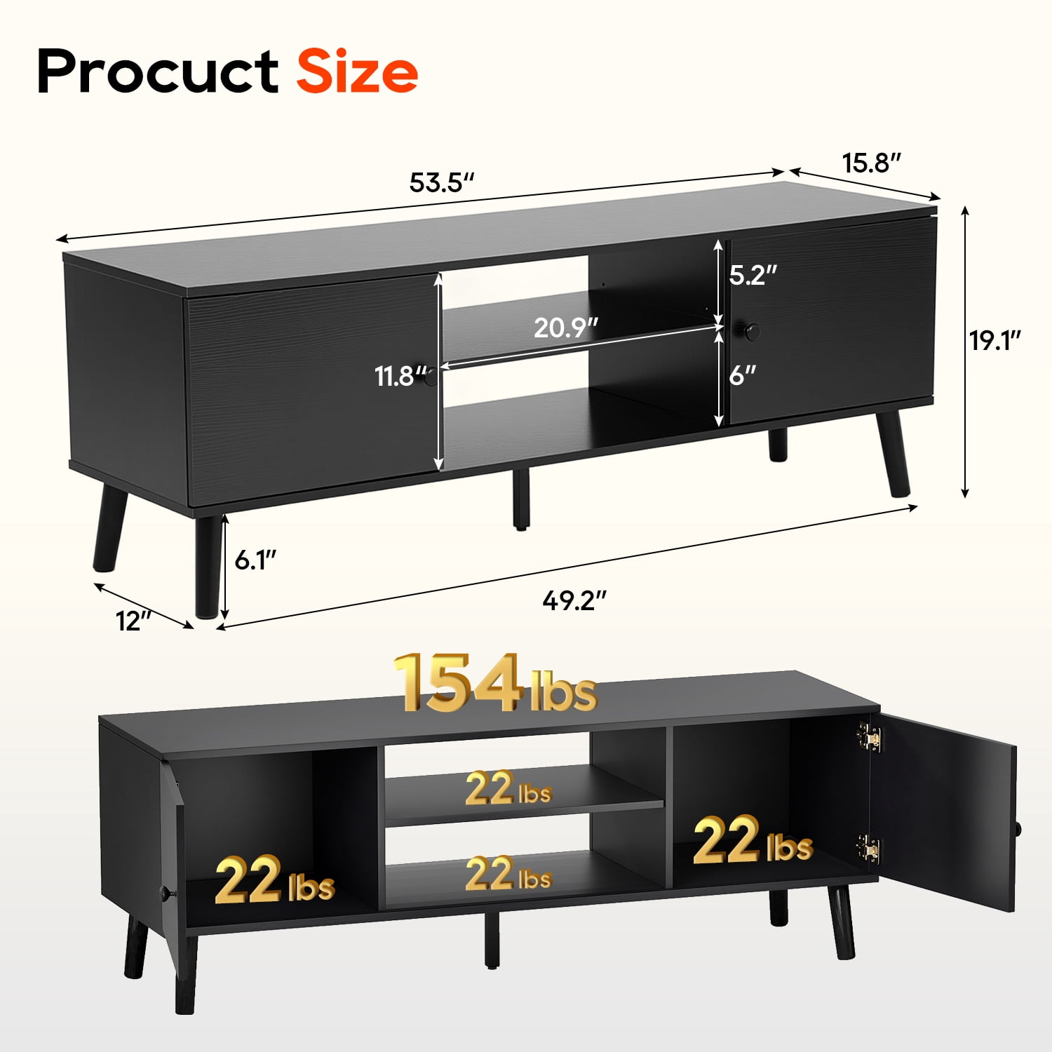 FDW TV Stand for 55 60 Inch TVs,with 2 Storage Cabinets and Open Shelves,Black