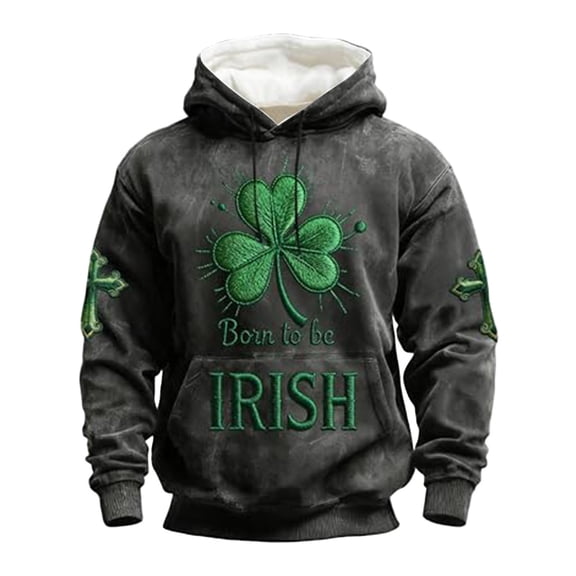 XIAONU Men St Patrick's Day Themed Hoodie Shamrock Celtic Cross Graphic Pullover Top Comfortable Festival Wear Hoodies Black