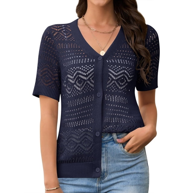 Jersey tipo cárdigan Jiflora para mujer, tejido a ganchillo, azul marino, talla S