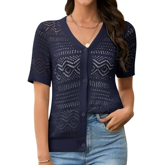 Jersey tipo cárdigan Jiflora para mujer, tejido a ganchillo, azul marino, talla S