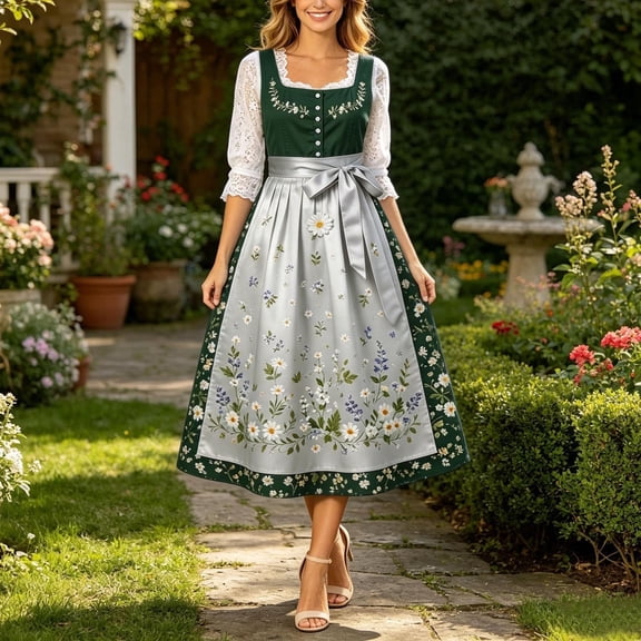 AVRNLIQ Womens Bavarian Dirndl Oktoberfest Dress Floral Midi A-Line Lace Sleeves Plus Size Adjustable Waist,Size 3XL