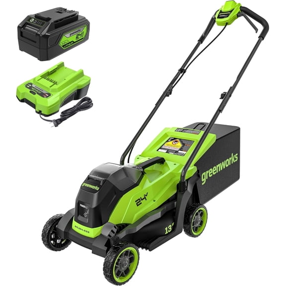 Greenworks 24V 13" Brushless (Push) Cordless Lawn Mower, 4.0Ah Battery and Charger
