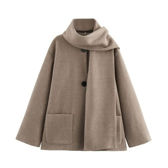 Wutalume Women Fashionable Casual Detachable Scarf Woolen Coat Jacket, Versatile and Elegant Outerwear for Winter Warmth and Stylish Looks,Beige L