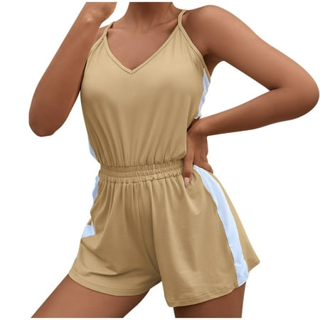 

WXLWZYWL Women Summer Loose Solid Sleeveless Jumpsuit Rompers Spaghetti Strap Elastic Waist Short Pant Pajamas Loungewearvacation outfits for women teen girl gifts Summer Clearance