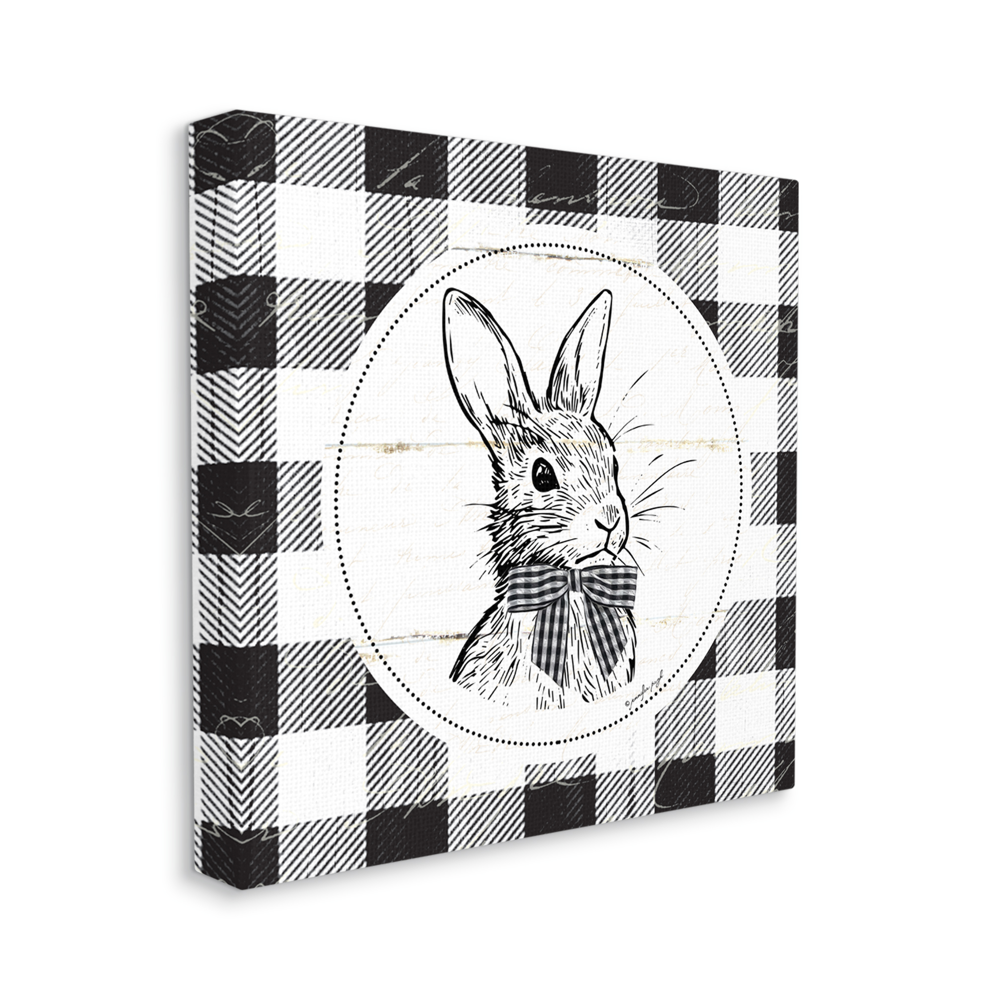 Detailed Easter Bunny Drawing Spring Plaid Border Animals & Insects Graphic Art Gallery-Wrapped Canvas Print Wall Art