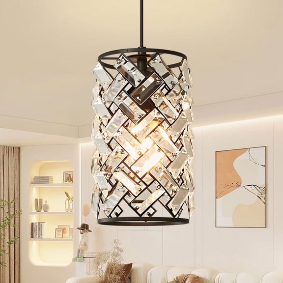 Deyidn 6.2 Inch Crystal Pendant Light, Adjustable Modern Round Chandelier in Black Finish for Dining Room, Entryway & Bedroom