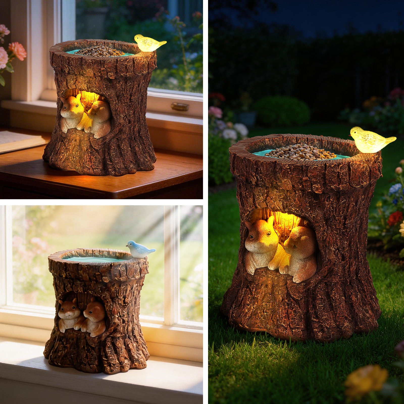 DAK Resin Solar Squirrel Garden Statue with Bird Feeder, LED Lighted Tree Stump Decor,  Waterproof  UV Resistance