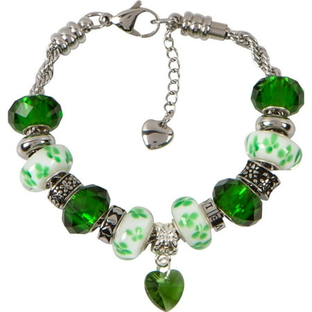Girls Emerald Green - HEALTH CHARM BRACELET for Women & Girls, Steel Rope Chain and Emerald Green Hearts and Flowers May Birthstone Charms, 7 Inch