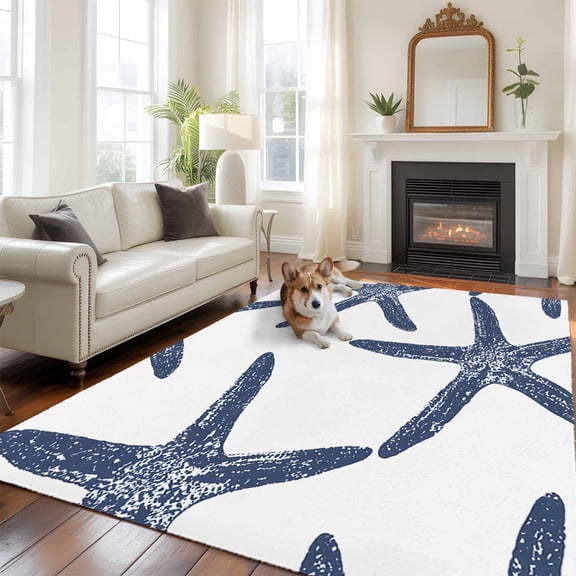 5'x8' Area Rugs, Navy Blue Starfish Coastal Indoor Outdoor Area Rug for Living Room Bedroom, Nautical Ocean Summer Beach Washable Bathroom Rugs Kitchen Floor Carpet Mats Home Decor Aesthetic