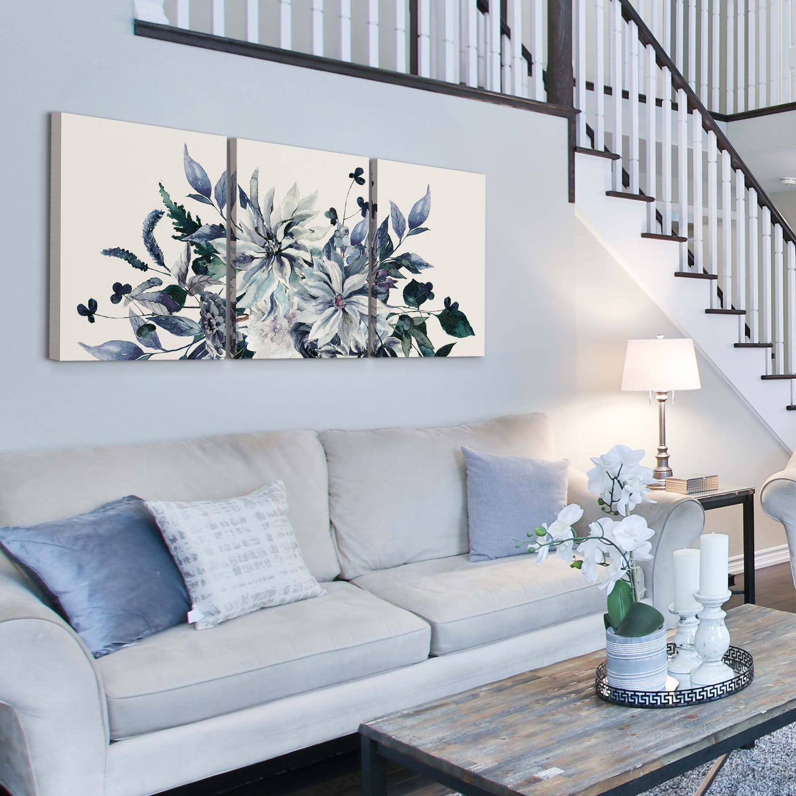 ArtbyHannah 3 Pieces 16x24 inch Blue Purple Floral Framed Canvas Wall Art Set with Violet Flower Prints for Home Decor Ready to Hang
