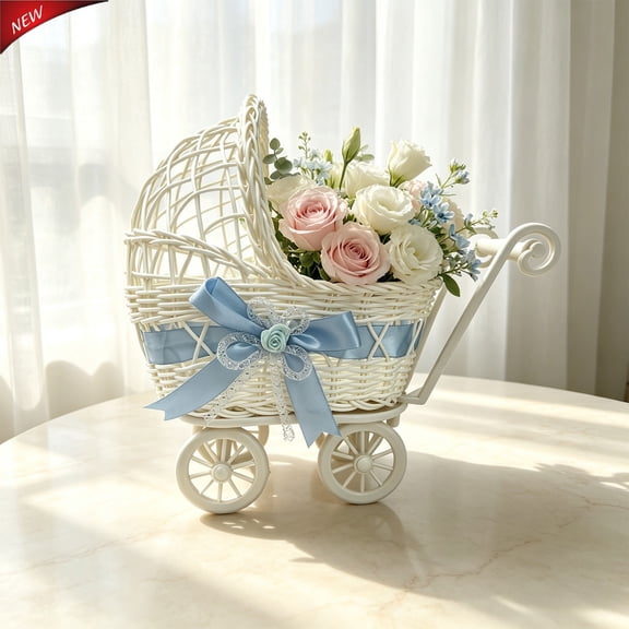 Faux Rattan Pram Shaped Flower Basket With Wheels And Handle, Multi‑Functional Plastic Storage Fruit Basket, Cute Rustic Decor for Wedding Party Festival Home Christmas Table Decorations,Blue