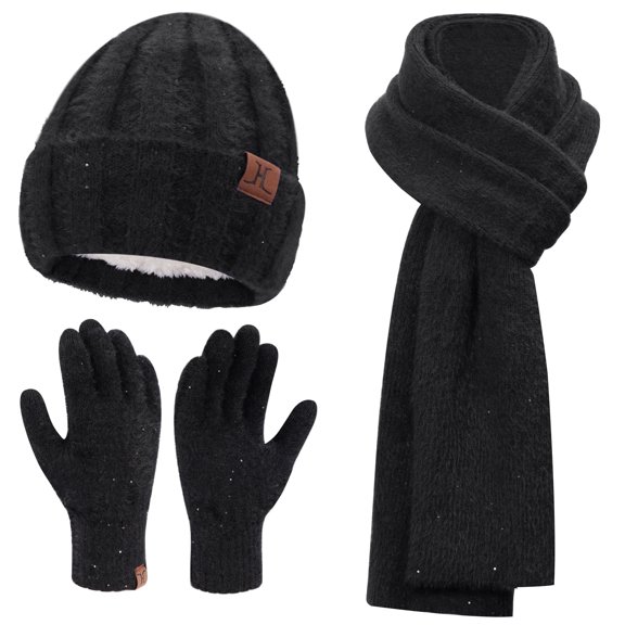 FZ FANTASTIC ZONE Womens Winter Warm Knit Beanie Hats and Touchscreen Gloves Long Scarf Sets with Sequins Thick Fleece Lined