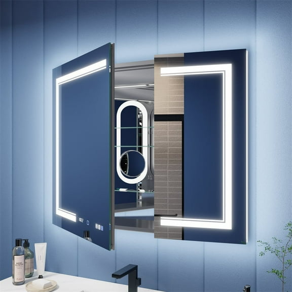 Illusion-B 40" x 32" LED Lighted Inset Mirrored Medicine Cabinet with Magnifiers Front and Back Light