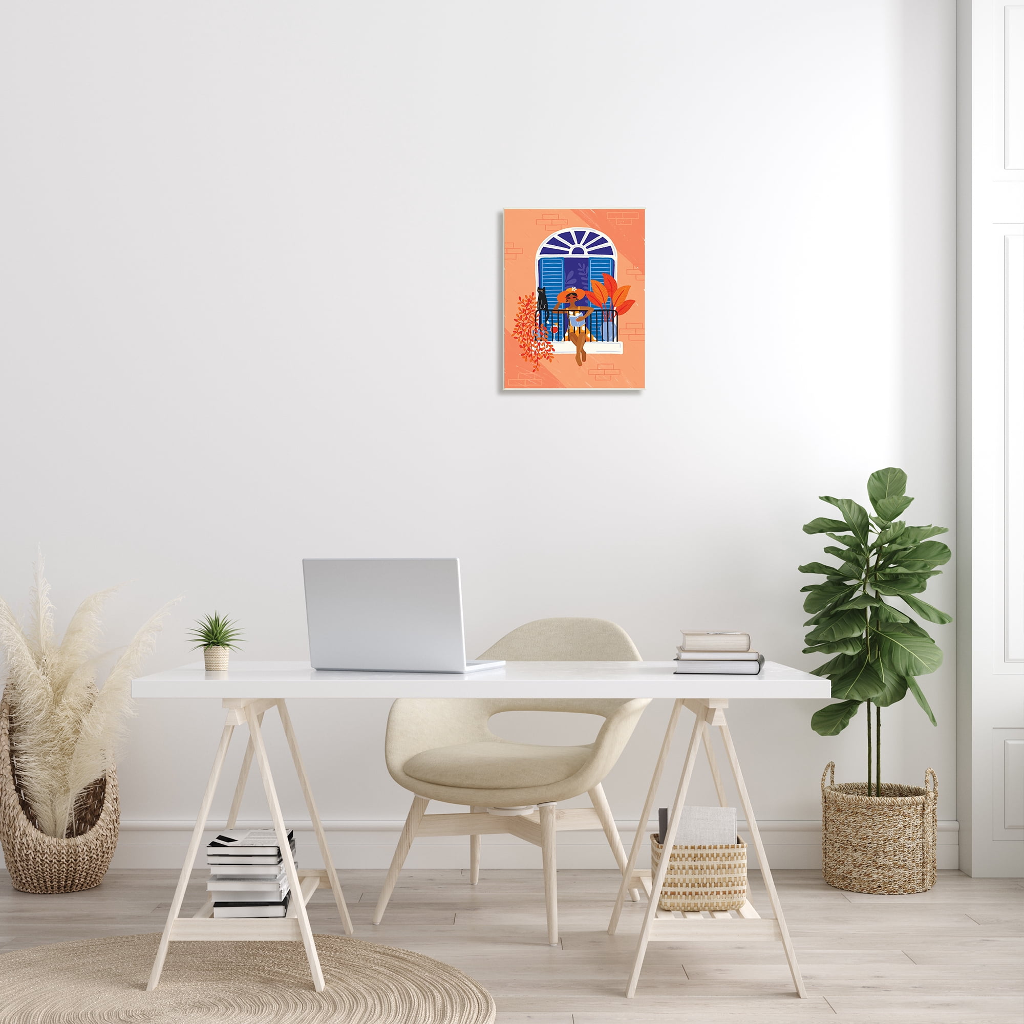 Stupell Industries Woman Reading Balcony Perched Cat Tropical Plants, 13 x 19, Designed by Make Much Studios