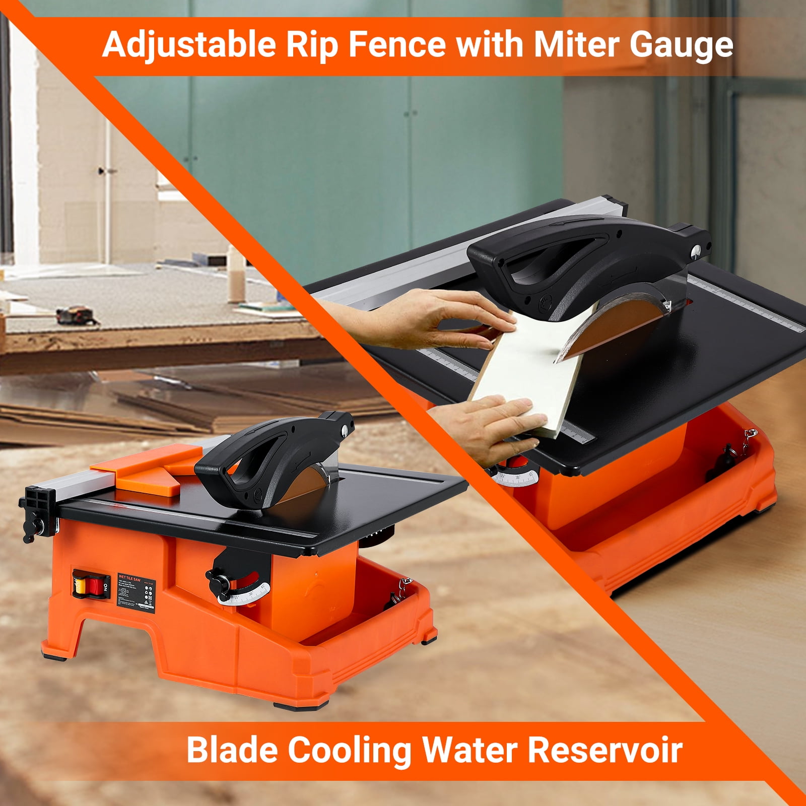 TEQIN 7-inch 65Mn Steel Blade, Wet Tile Saw, 3500 RPM Induction Motor, Electric Tile Cutter Wet Saw with Water Reservoir, 0-45 Degrees Miter Angle for Cutting Tiles and Stones