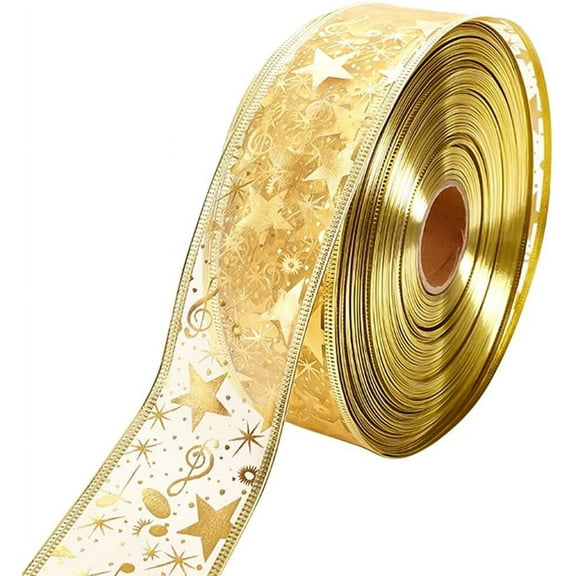 2 Inch Gold Star Wired Ribbon Wide Christmas Transparent Sheer Ribbon Music Note Glitter Metallic Organza Fabric Ribbons Gift Wrapping Supply