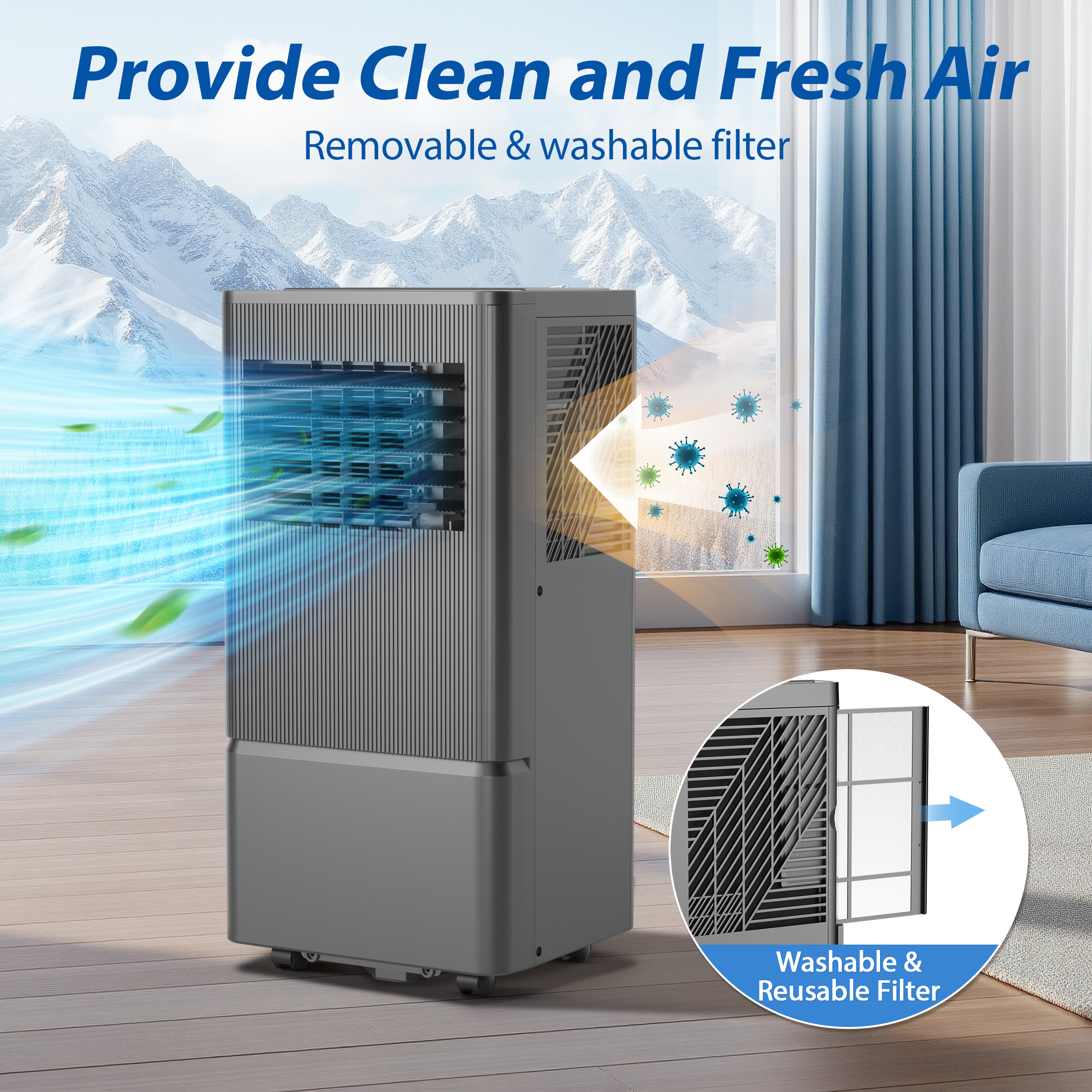 Portable Air Conditioner 10,000 BTU (ASHRAE) for Room Up to 450 Sq.Ft - 3-in-1 AC, Dehumidifier & Fan - Remote, 24H Timer, Window Kit - Home & Office