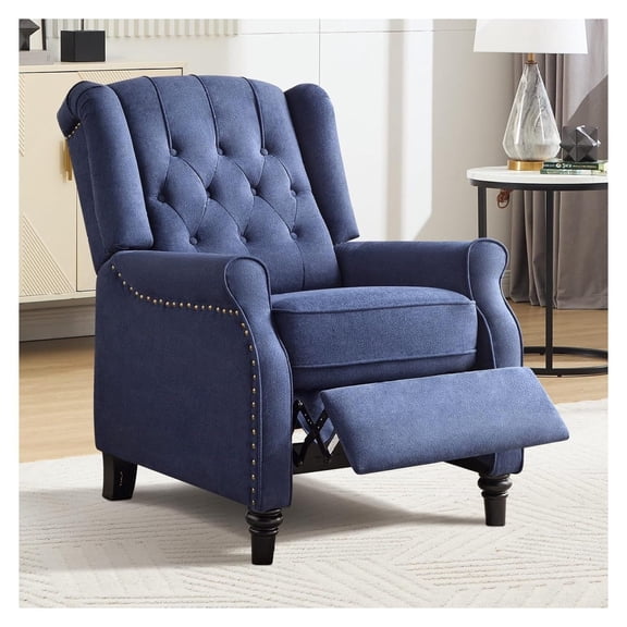 Push Back Recliner Chair, Soft Fabric Accent Pushback Recliner Single Chair with Rivet Decoration, Button-Tufted Back, Century Wingback Armchair for Living Room, Bedroom, Blue